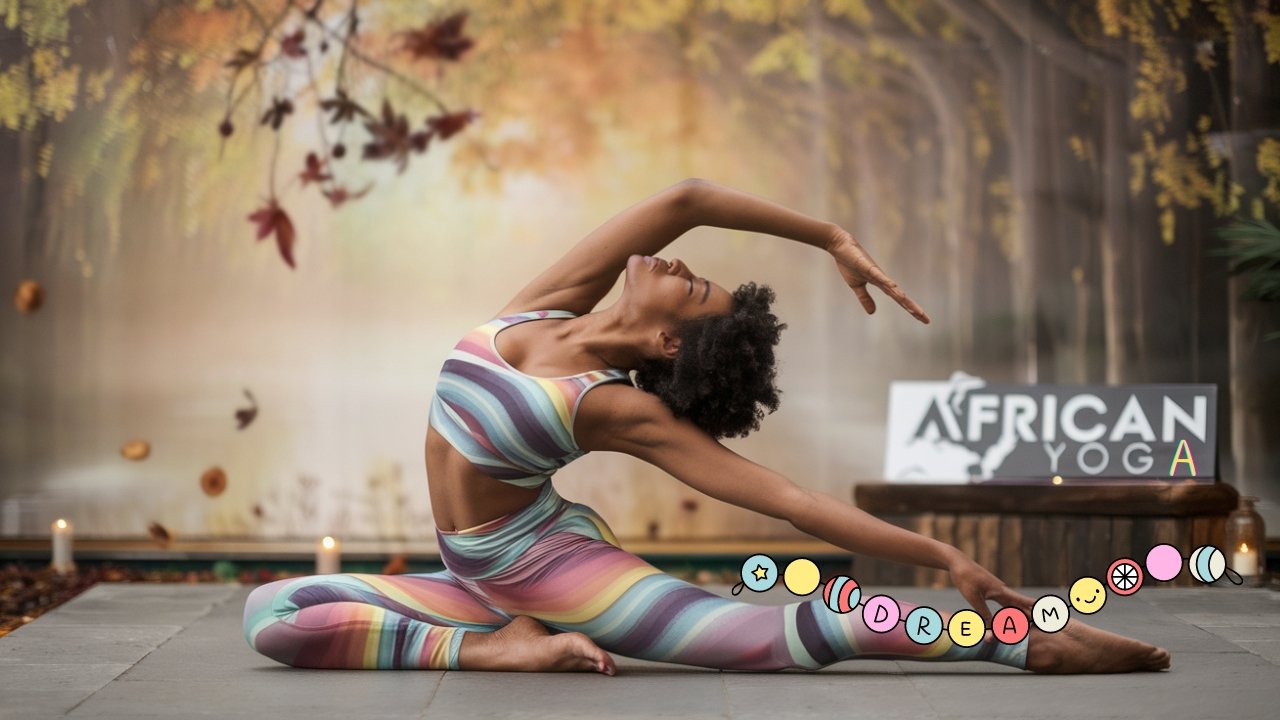 A woman in colorful yoga attire stretches in a graceful yoga pose in a calm, autumnal setting with a soft forest background, representing a moment of relaxation and mindfulness after exercise. The "African Yoga" sign can be seen in the background.