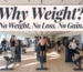 People exercising in a modern gym on various machines with the headline "Why Weight? No Weight, No Loss, No Gain!"