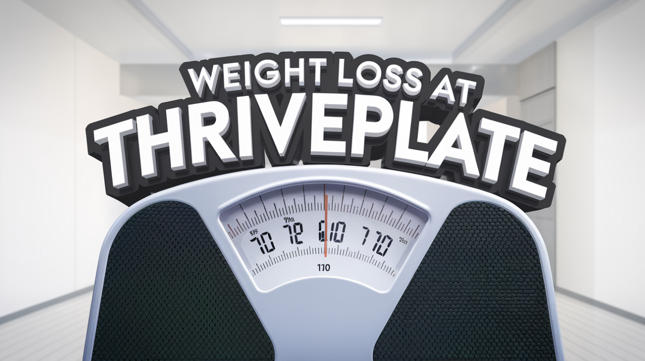 Credit to Rosemary Ingado PA; Image features a weight scale with a prominently displayed heading that reads "WEIGHT LOSS AT THRIVEPLATE". 